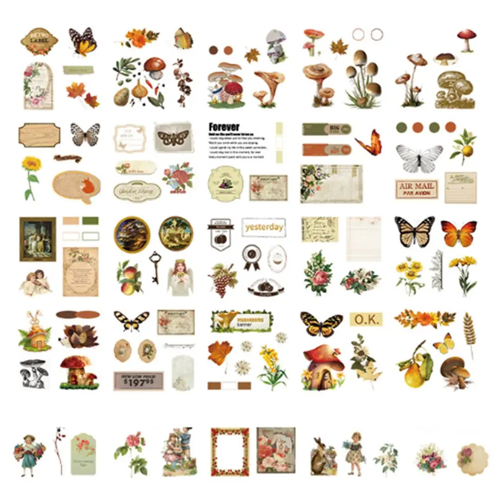 100Pcs/ Pack Waterproof Vintage Stationery Stickers Creative Butterfly Flowers Plant Series Stickers Colorful Gift Diary Declas