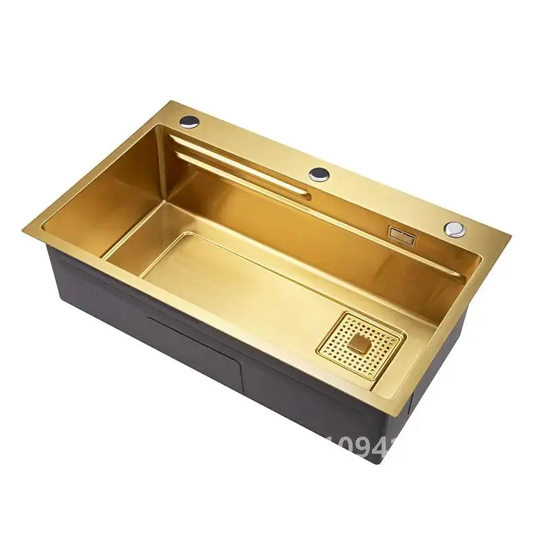 Pia de cozinha dourada torneira cascata nano pia 304 aço inoxidável dourado topmount única tigela lavatório com tábua de cortar