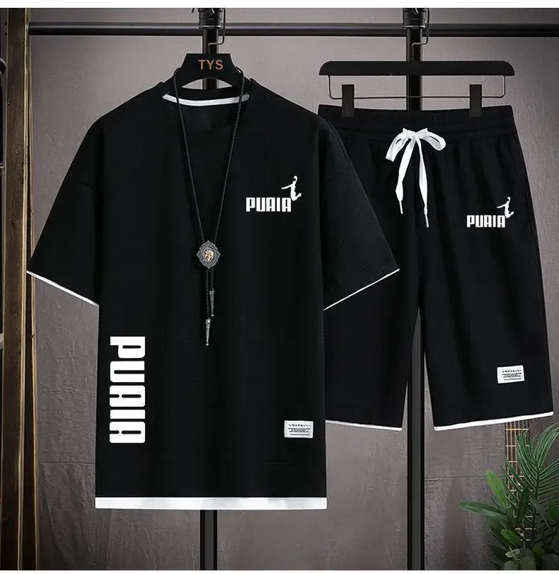 

2025 Summer Men's breathable fitness sports set Short sleeve crewneck T-shirt + casual jogging shorts 2-piece set M-3XL