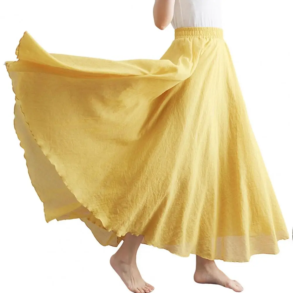 

Loose Cotton Linen Women Skirt A-Line Elastic Waist Summer Solid Color Ethnic Style Long Skirt Breathable Maxi Skirt