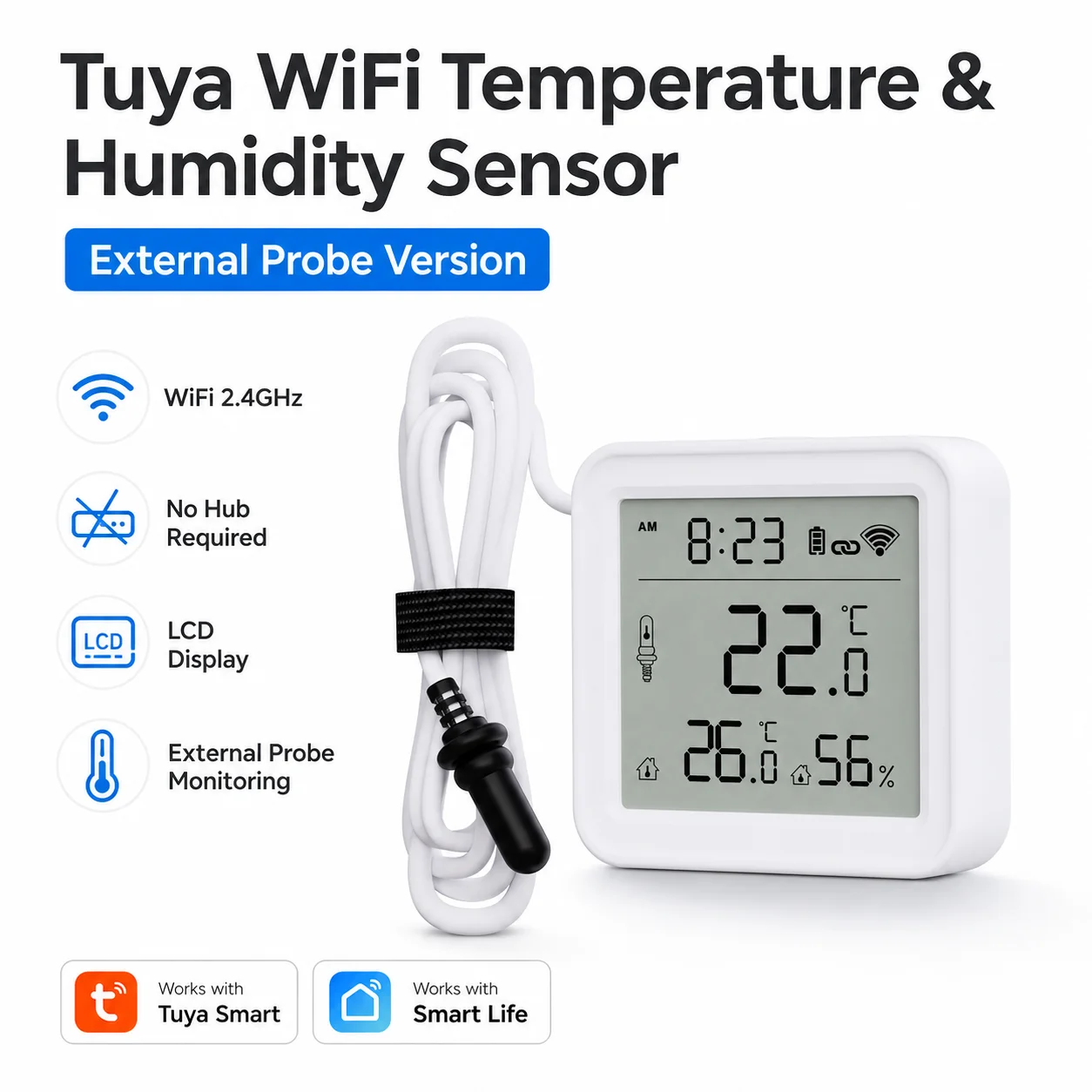 Tuya WiFi Temperature Humidity Sensor With External Probe for Smart Home Hygrometer APP Monitoring For Plants Aquarium Winery