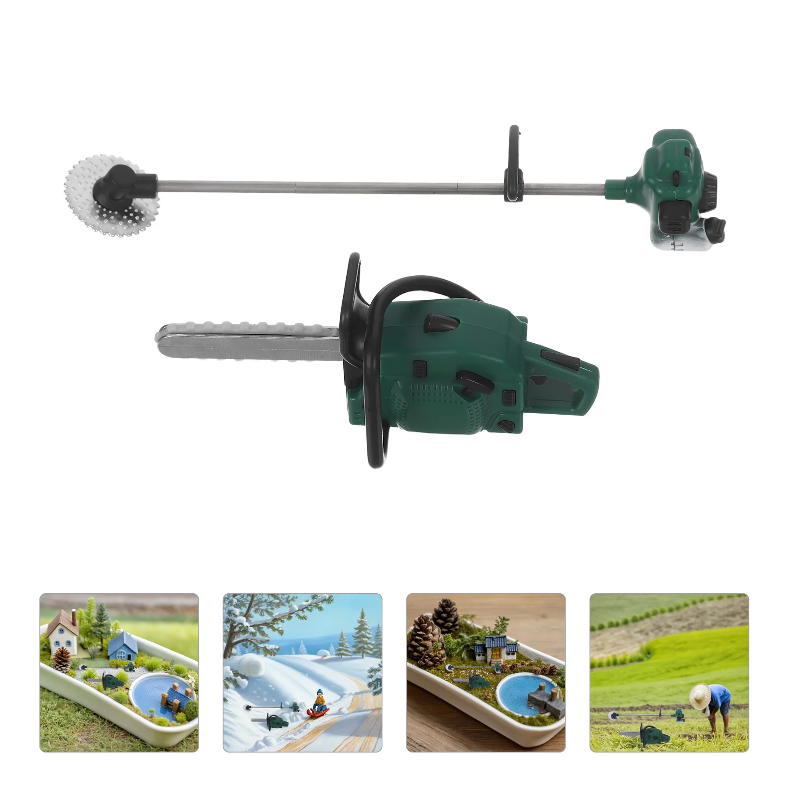 เลื่อยยนต์จิ๋วสำหรับบ้านตุ๊กตา 2 ชิ้น ของตกแต่งสวนกลางแจ้ง ทำจากพีวีซีเหมือนจริง สำหรับเด็กเล่นสมมติ ของประกอบฉากฮาโลวีน