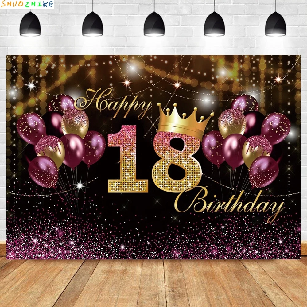 

Happy 18th Birthday Photography Background Gold Pink Balloon Bar Mitzvah Backdrop 18 Years Old Birthday Party Decor Banner Props