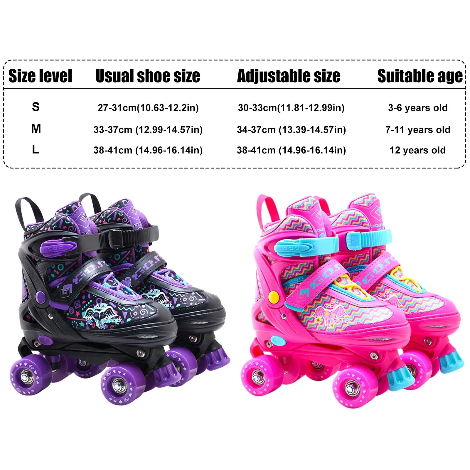 Boys Girls Kids Skates Children Roller Skates Skating Shoes Sliding Adjustable Quad Sneakers 4 Wheels 2 Row Line Outdoor