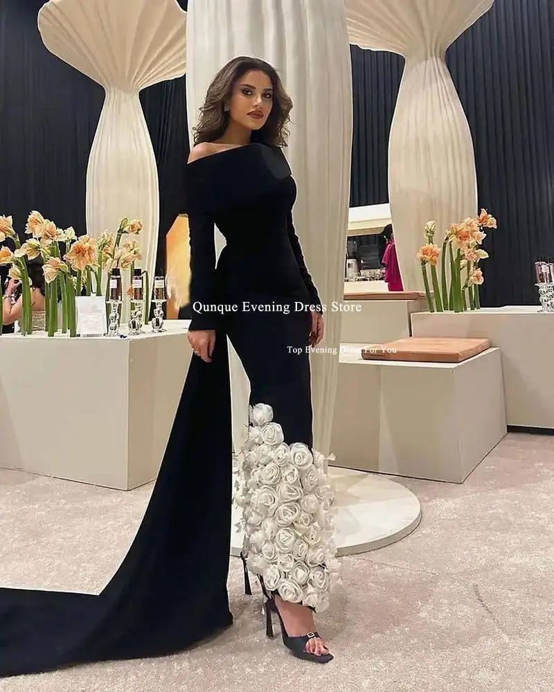 Qunque Mermaid Arabia فساتين سهرة Evening Dress Customized 3D Flowers With Luxury Feathers Leg Slit Party Dress Robes De Soirée