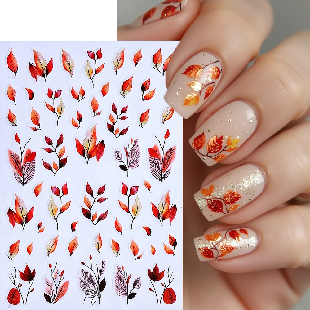 1Pcs Gradient Fall Leaves Watercolor Nail Art Sticker 3D Retro Autumn Maple Leaf Self-Adhesive Nail Decals Sliders DIY Nail Deco