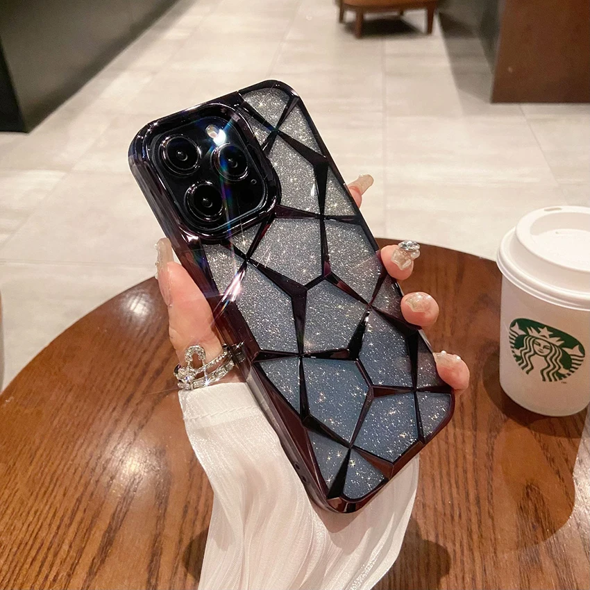 

Чехол для телефона с ромбовидной сеткой для Iphone 16 15 14 13 Pro 12 11 Max Plus 16 Pro max с покрытием, чехол с блестками 15 Pro Max, уникальный чехол