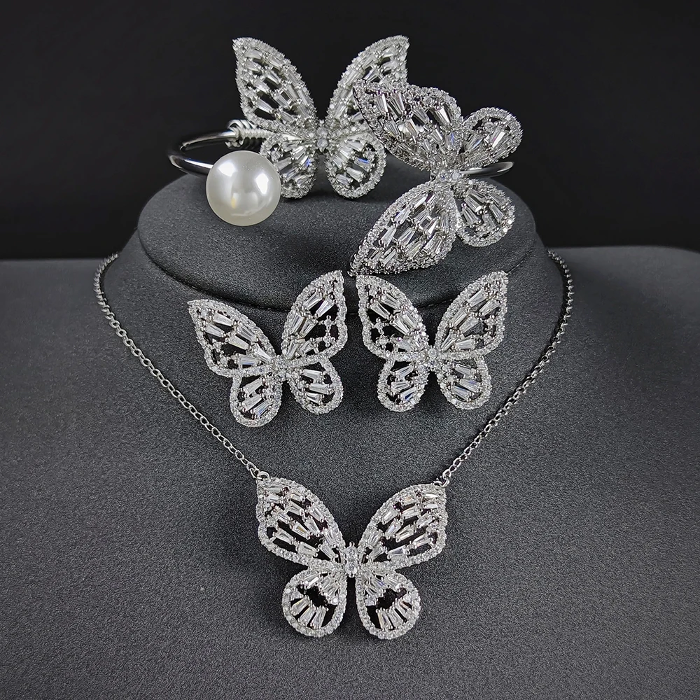 4pcs Pack 2023 New Luxury Butterfly silver color bride Dubai Wedding For Women Lady Anniversary Gift Jewelry Bulk Sell J7614