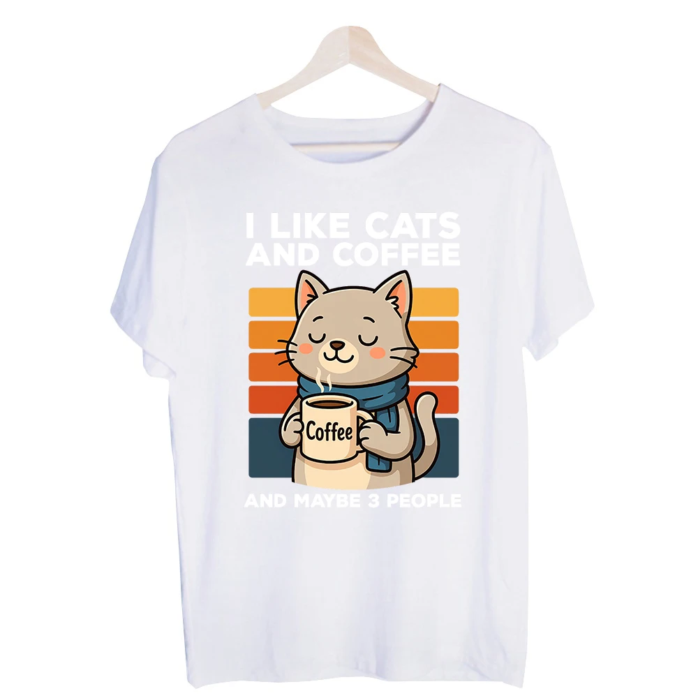 Men's Cat and Coffee Graphic Tee, Short Sleeve Crew Neck T-Shirt with Vintage Retro Design for Casual Daily Wear