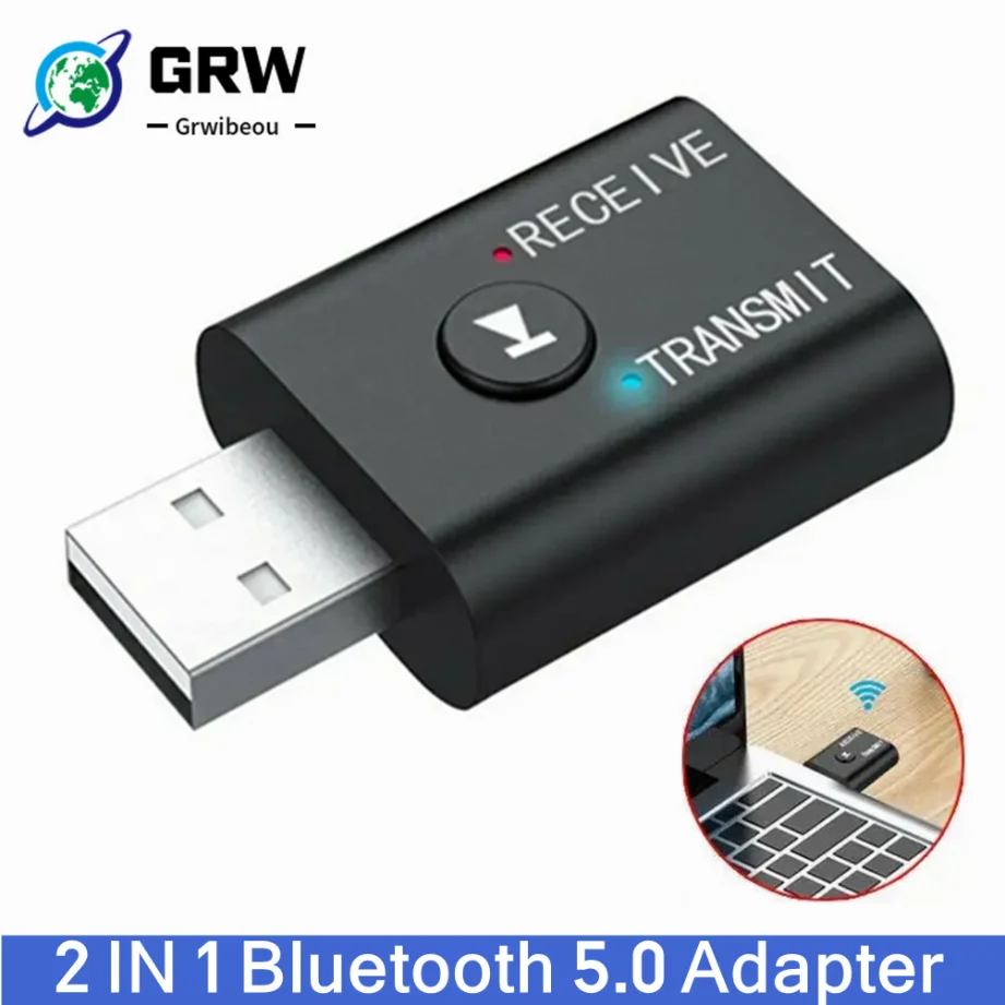 Grwibeou 2 IN 1 USB Bluetooth 5.0 Adapter Transmiter 3.5mm AUX Jack Do PC Komputer TV Laptop Głośnik Zestaw słuchawkowy Odbiornik Bluetooth