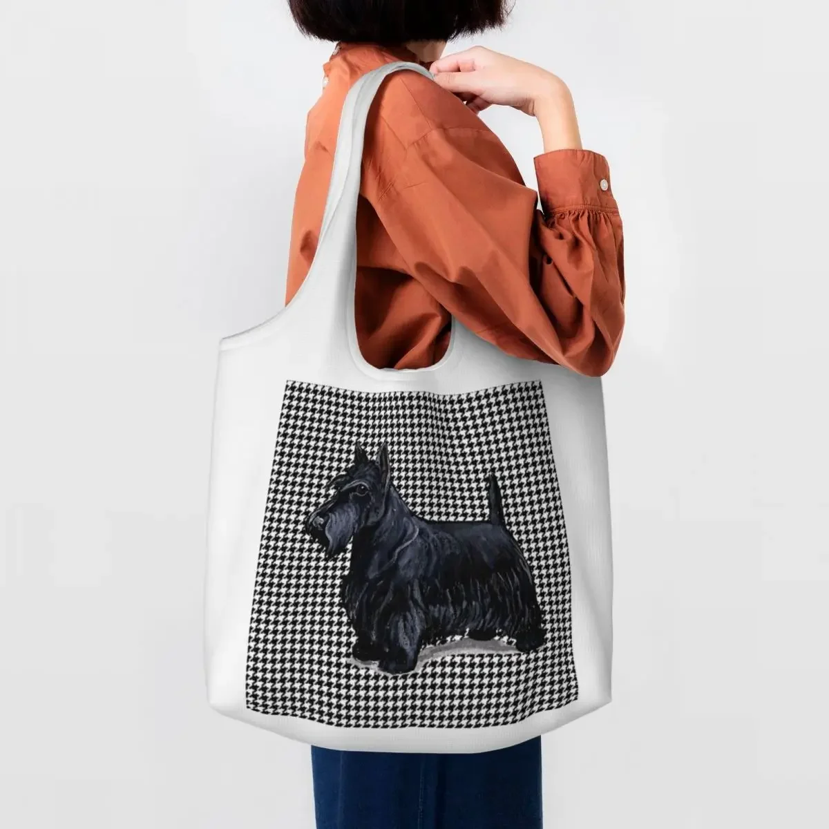 Scottish Terrier Houndstooth Shopping Bag Women Shoulder Canvas Tote Bag Durable Pet Scottie Dog Groceries Shopper Bags Handbags