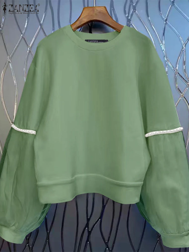 Zanzea-女性のためのヴィンテージパールメッシュスプライシングパーカー、長袖プルオーバー、カジュアルスウェットシャツ、韓国ジャンパー、ファッション、秋、2024