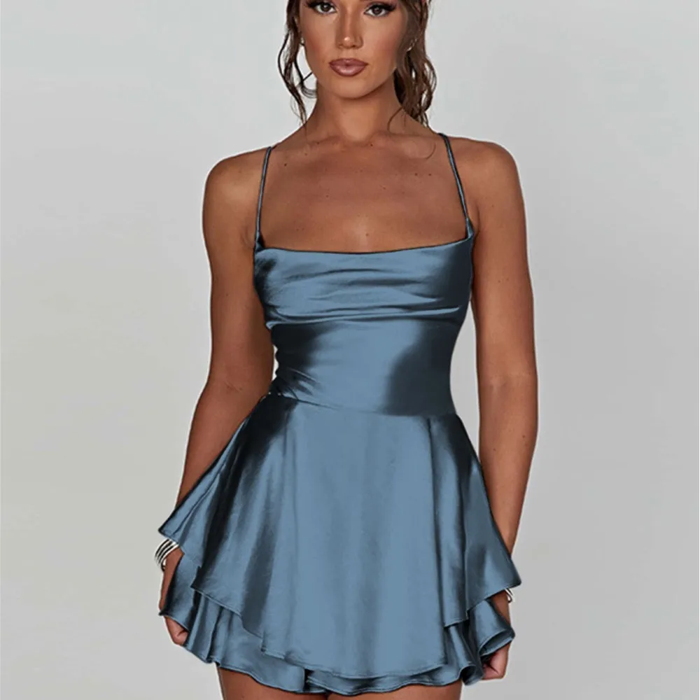 Satin Pleated Suspender Dress Summer Women's New Sexy Backless Drawstring Tube Top Solid Color Sleeveless Frock Ropa Mujer