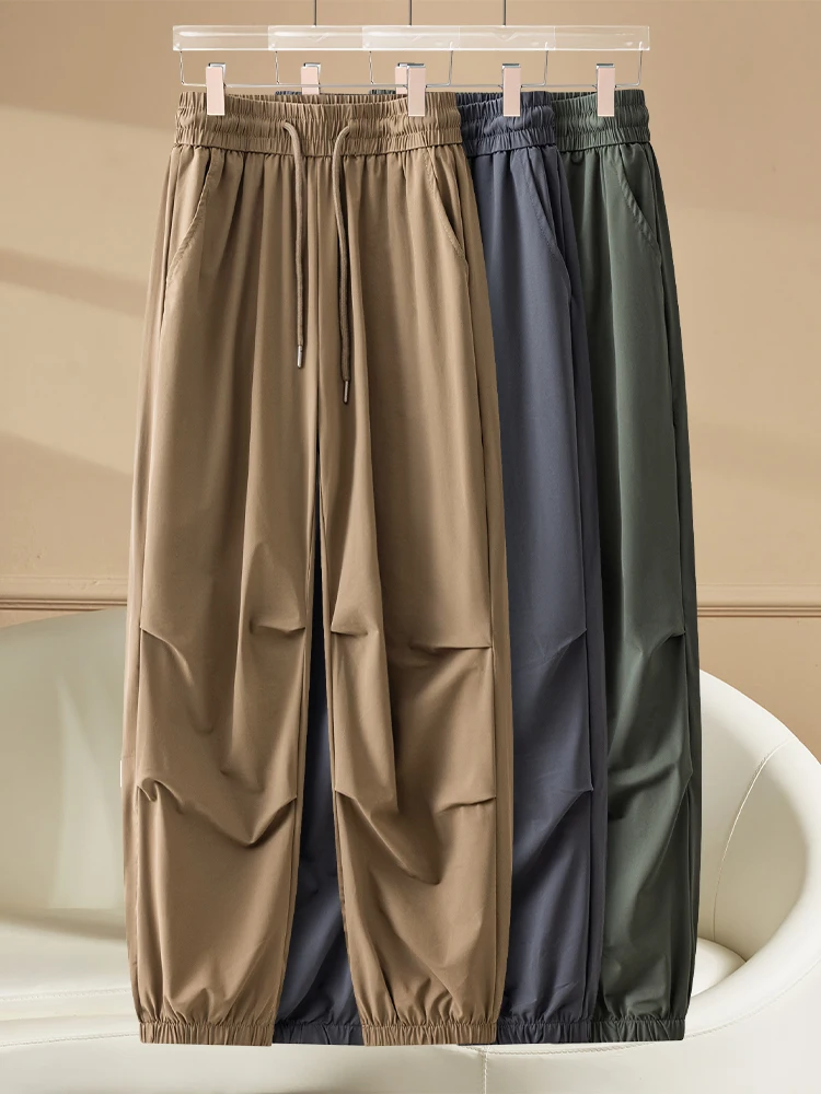 

Qui Dry Summer Thin High Waist Casual Harlan Pants Ice Silk Cuffed Trousers for Women Spor Loose Fit Banded Waist Nine Po...