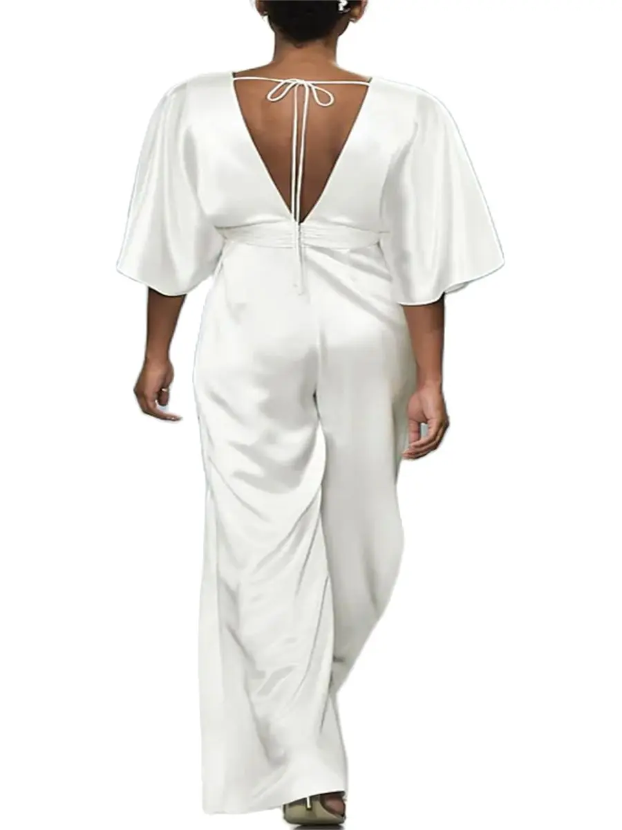 Jumpsuits Evening Gown Formal Occasion Dress Elegant Floor Length Half Sleeve V Neck Charmeuse With Strappy White Popular 2023