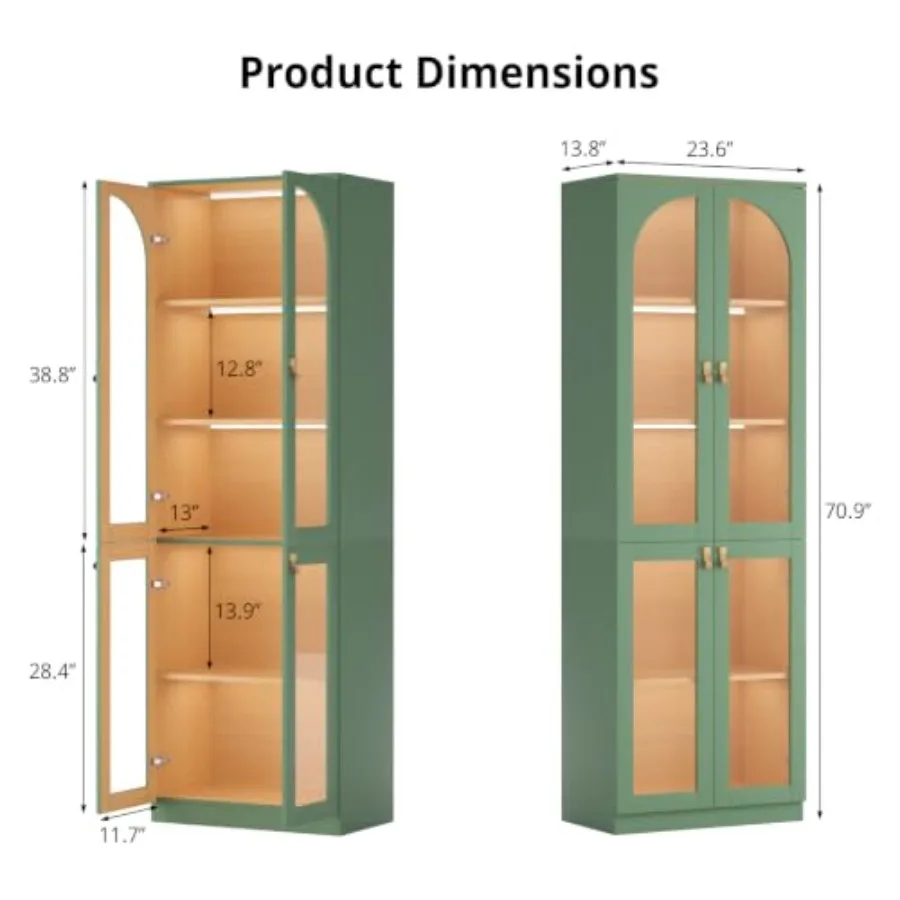 Living room office curio cabinet with tempered glass door, 71 H tall display cabinet in black, 5-tier pantry storage bookcase w view 2