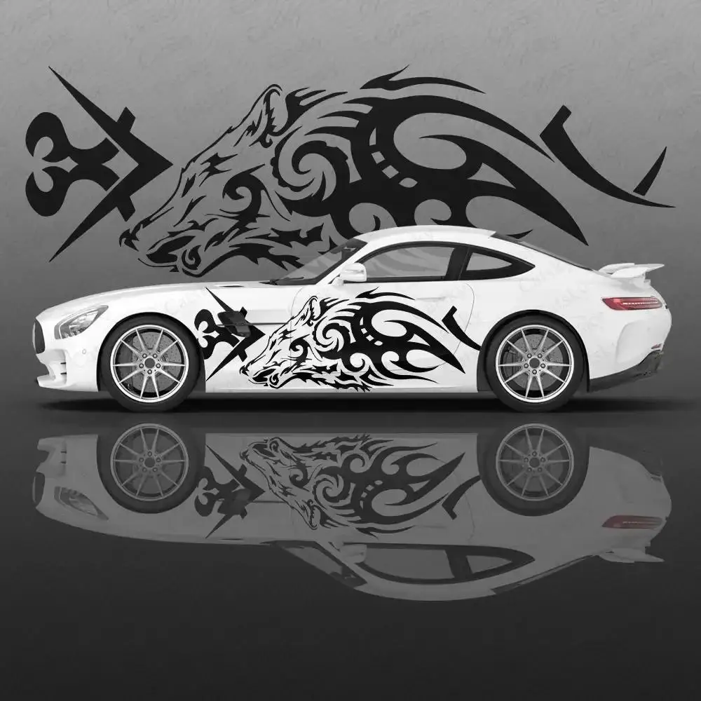 2pcs Totem Wolf Car Body Sticker Vinyl Wrap Car Side Decal Sticker Car Decoration Sticker Cars Protective Film Auto Accessories