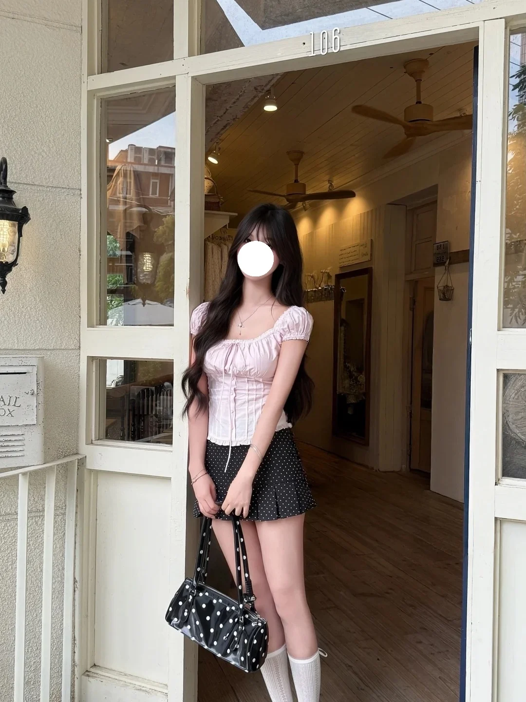 Sweet Japanese Style Bubble Sleeve One Shoulder Short Sleeve Slim Fit Shirt Summer Polka Dot Pleated  Skirt Two Piece Set...