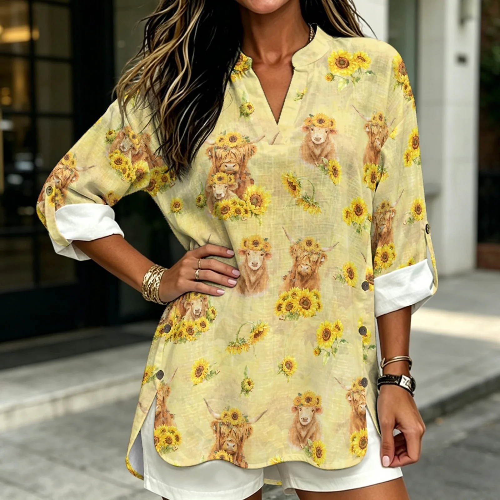 PENSTROLL Highland Cow Linen Like Women's Long Sleeve Shirts Blouse for Ladies Loose Women's Blouse