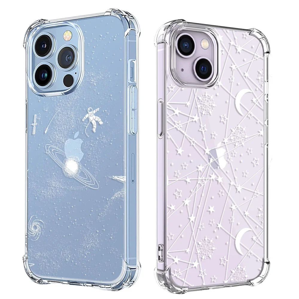 Starry Moon Astronaut Phone Case For iPhone 14 13 12 11 Pro X XS XR Max 7 8 Plus SE 3 2 Shockproof Soft Clear TPU Back Cover