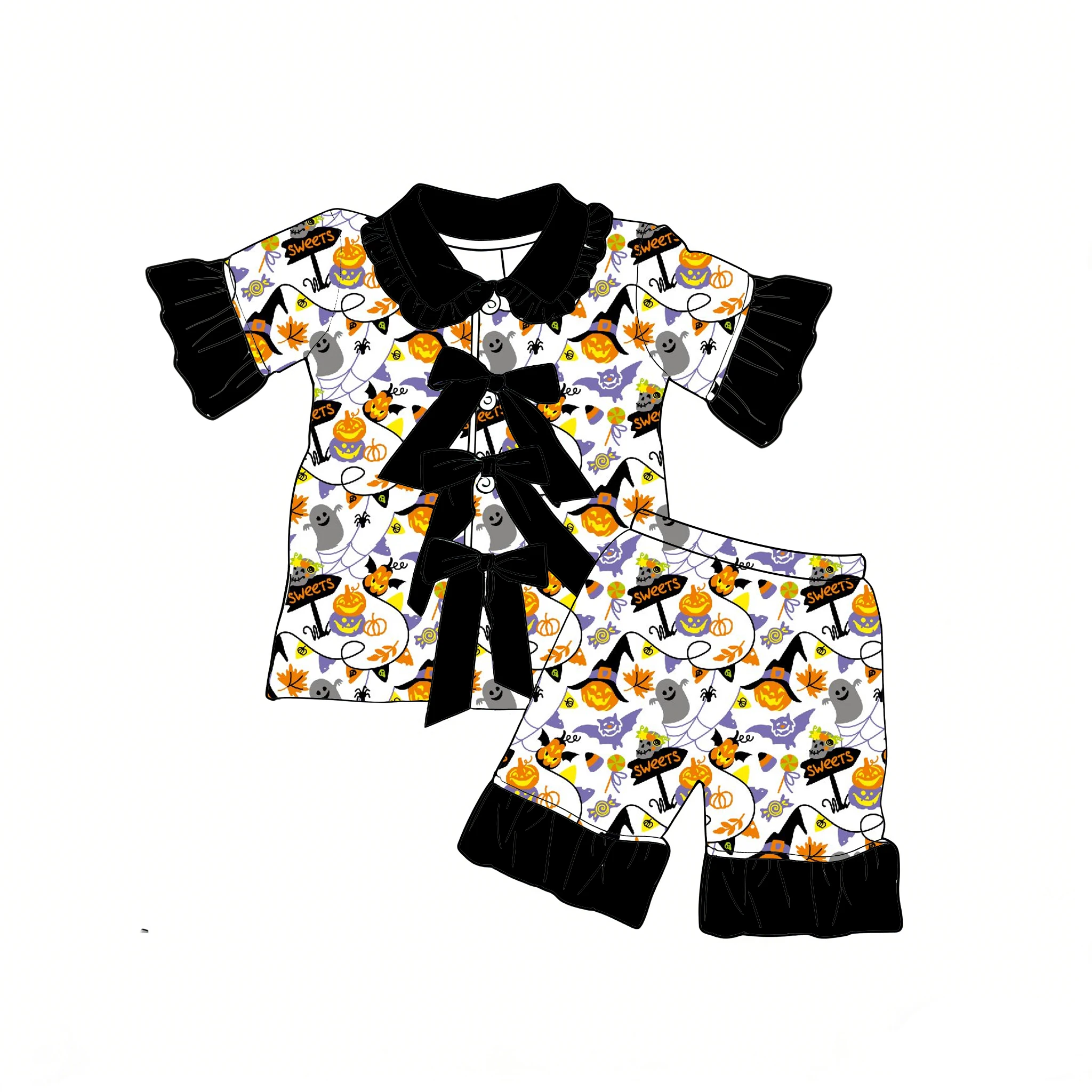 New Halloween boutique kid's set collared ruffled short-sleeved shorts set bow-decorated buttons spider web pumpkin print