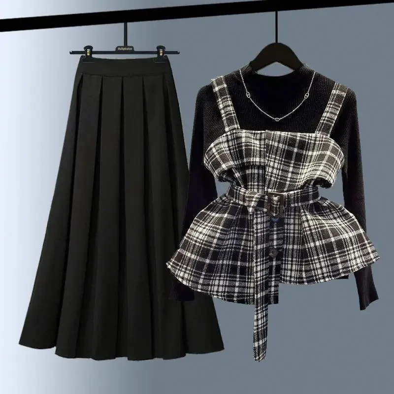 الراقية تويد منقوشة سترة غير متناظرة + طبقة قاعدة سترة + مطوي تنورة صغيرة المرأة طاقم الرقبة البلوز معطف