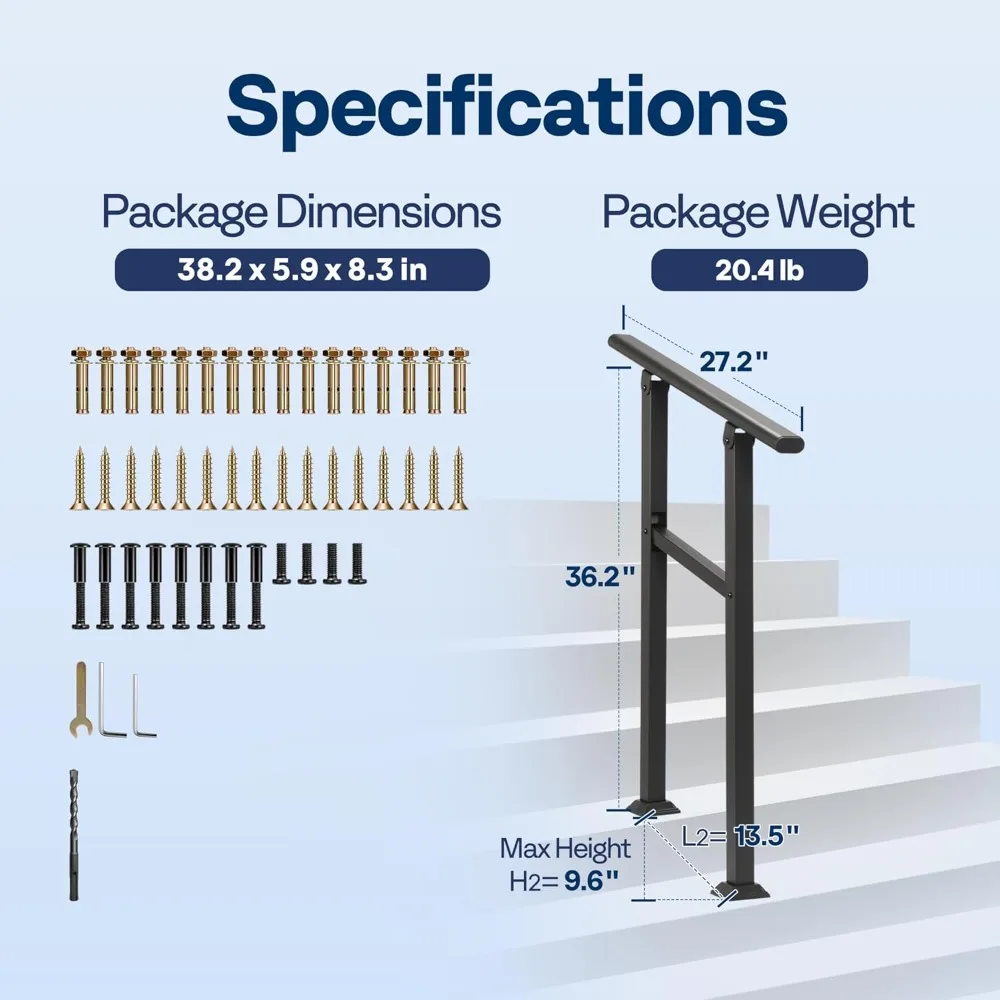قضبان يدوية خارجية بخطوتين، فولاذ مجلفن، درابزين بيضاوي أسود للشرفة والسطح، درابزين سلالم خارجي متين #5