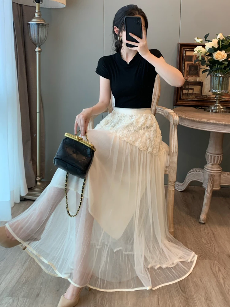 

Retro Slim Fit Two-Piece Set Women's Bla Top White Skirt Dr Summer Faion Ensemble Ele Casual Outfit