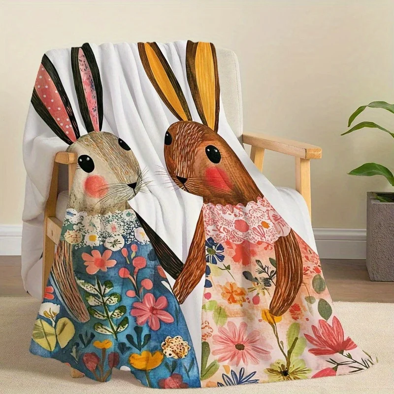 Cute cartoon rabbit pattern Flannel printed blanket suitable for all seasons suitable for living room office sofa and travel