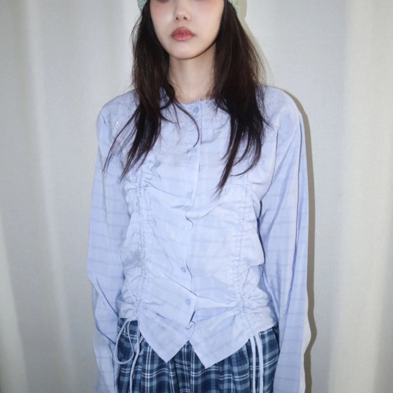 Vintage Wen Summer Vintage Plaid Design Sense Bow Tie Pleated Versatile Slimming Drawstring Long Sleeve Shirt Top