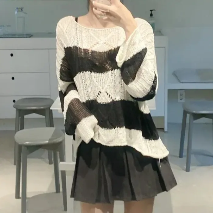 

Women's Loose Long Sve Knitted Sweater Chic Retro Twist Color Blo Striped Sun Protection Light Top Breathable Comfortable