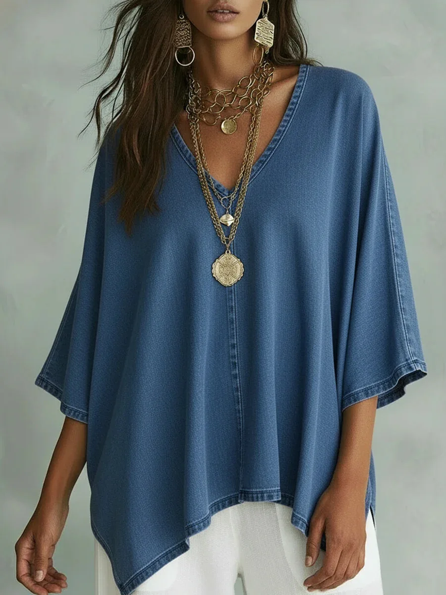 

2026 Summer Women's Denim Shirt Loose V-Neck Casual Long Sleeve Blouse Fashion Streetwear Top