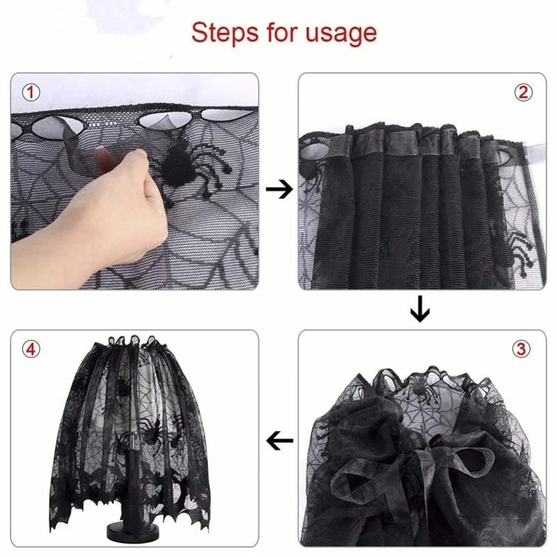 New 1Pc Black Lace Bat Spiderweb Halloween Window Curtain 60×20 Inch Home Living Room Festival Party Decor Ornament Supplies