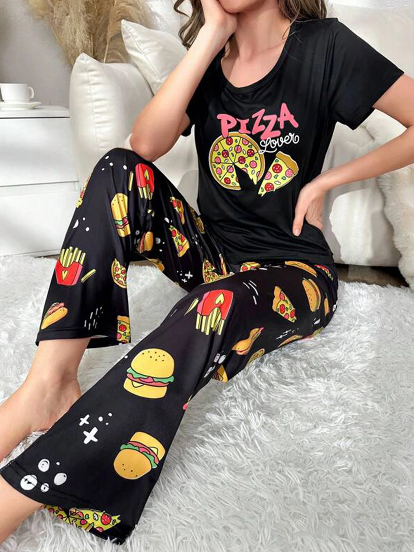 Women Pajama Set Cartoon Pizza Print Short Sleeves Crew Neck Top Allover Print Fast Food Icons Pants Summer Sleepwear Set Cute