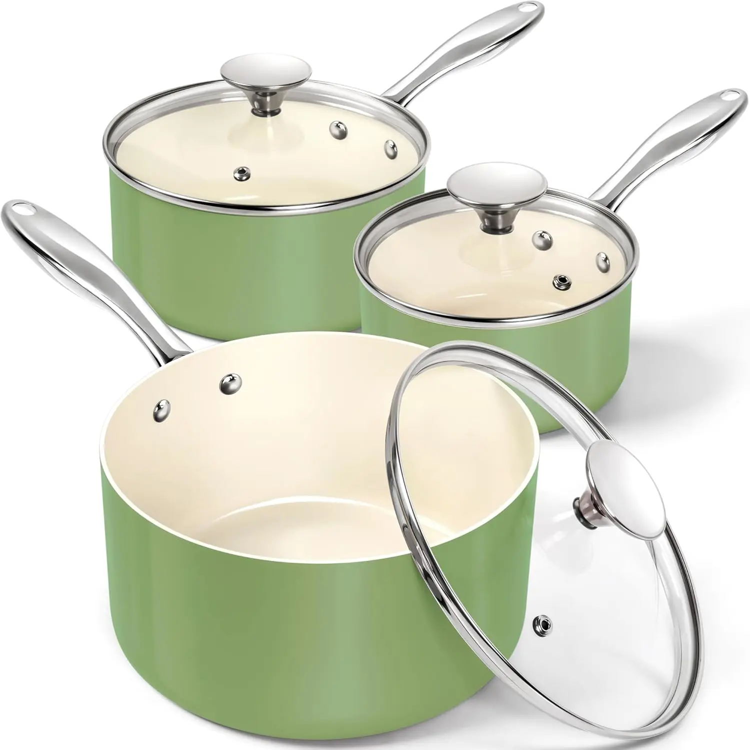 

MICHELANGELO Sauce Pan with Lid Non Stick Saucepan Set of 3 1Qt /2Qt/3Qt Ceramic Non-Toxic Scratch-Resistant, Oven Safe