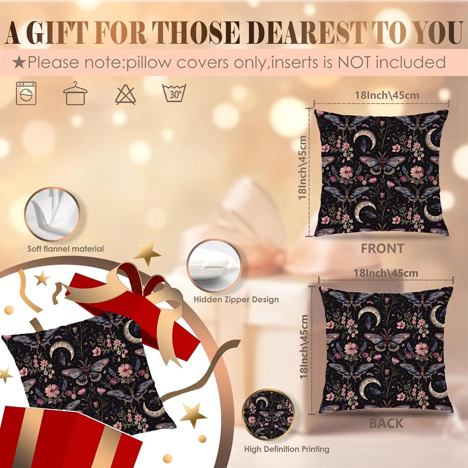 Dark Gothic Moth Butterfly Cottagecore Throw Pillow Covers 18x18 | Dark Academia Witchy Moon Celestial Pillow Covers for Couch