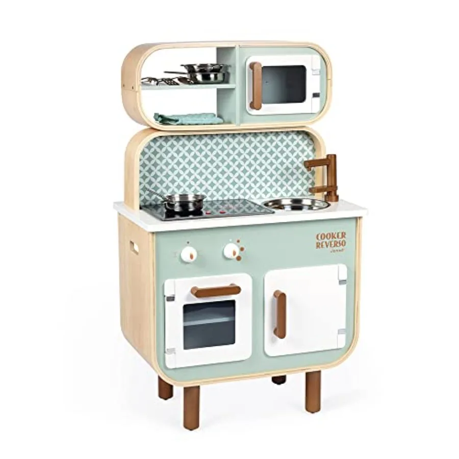 

Play kitchen and laundry set for home use, made of wood, retro red color, reversible design with dual functionality