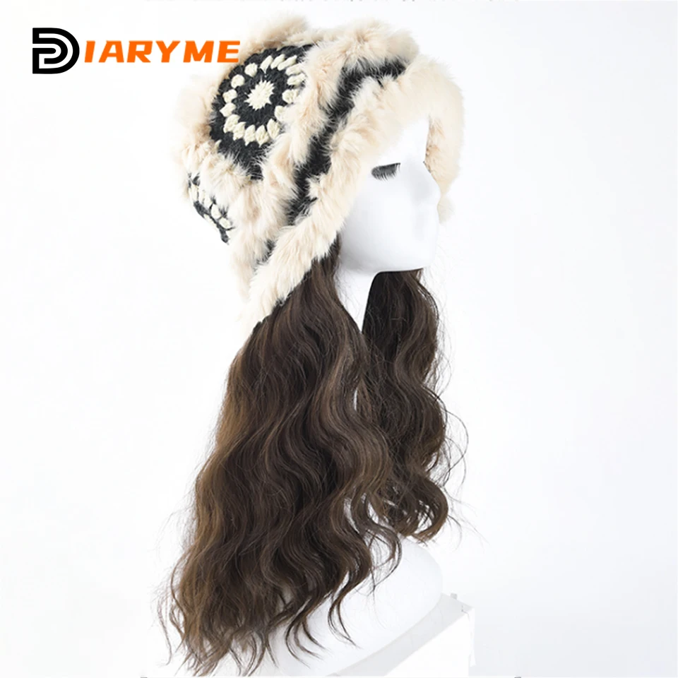 Synthetic Knitted Hat Wig Beanies Hat With Hair Wigs For WomenLong Wavy Hair Warm Soft Ski Knitted Autumn Winter Cap Wig Female