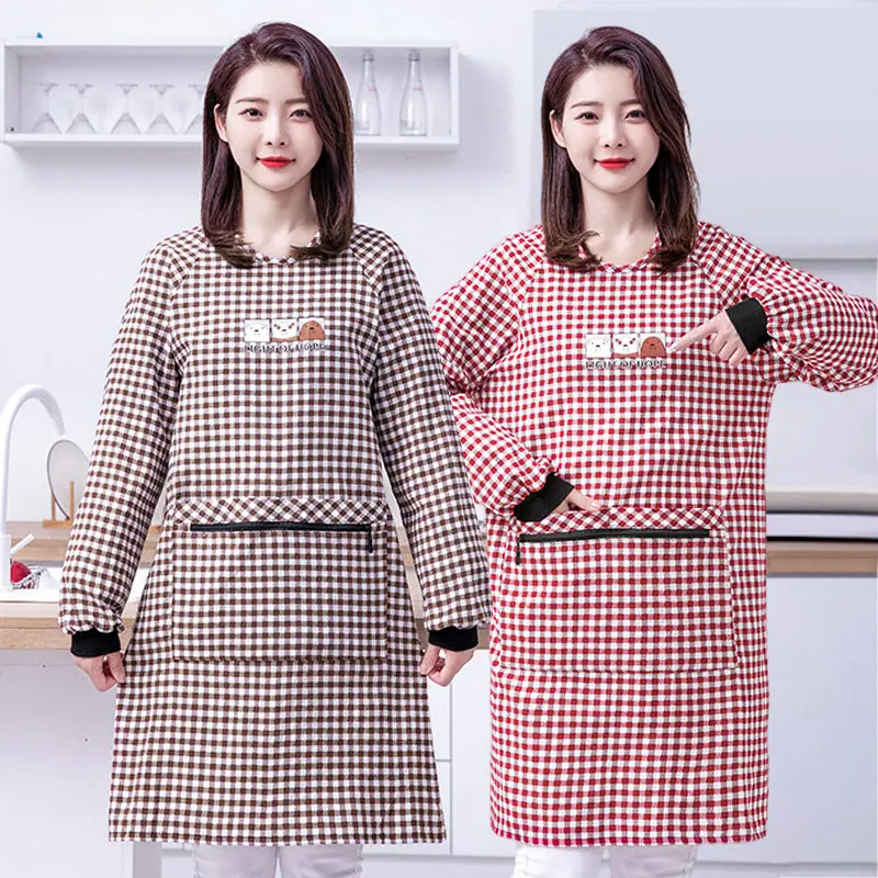 

Fashionable women's teddy bear long cotton long sleeved apron for home kitchen
