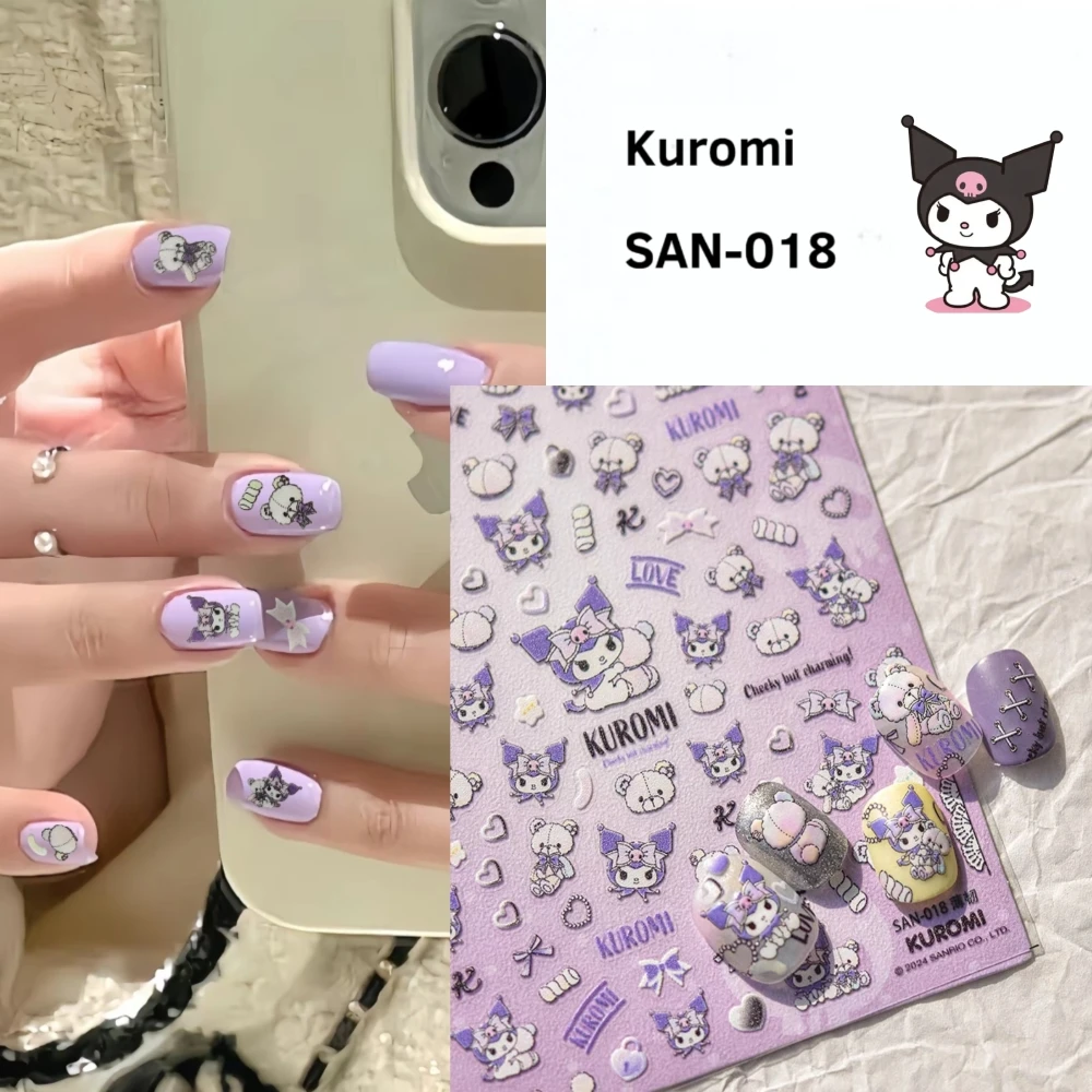 1 sheet Kuromi Sanrio Cartoon New 5D Relief Nail Art Stickers Nail Decals for Manicure fashion Design DIY Happy Accessories