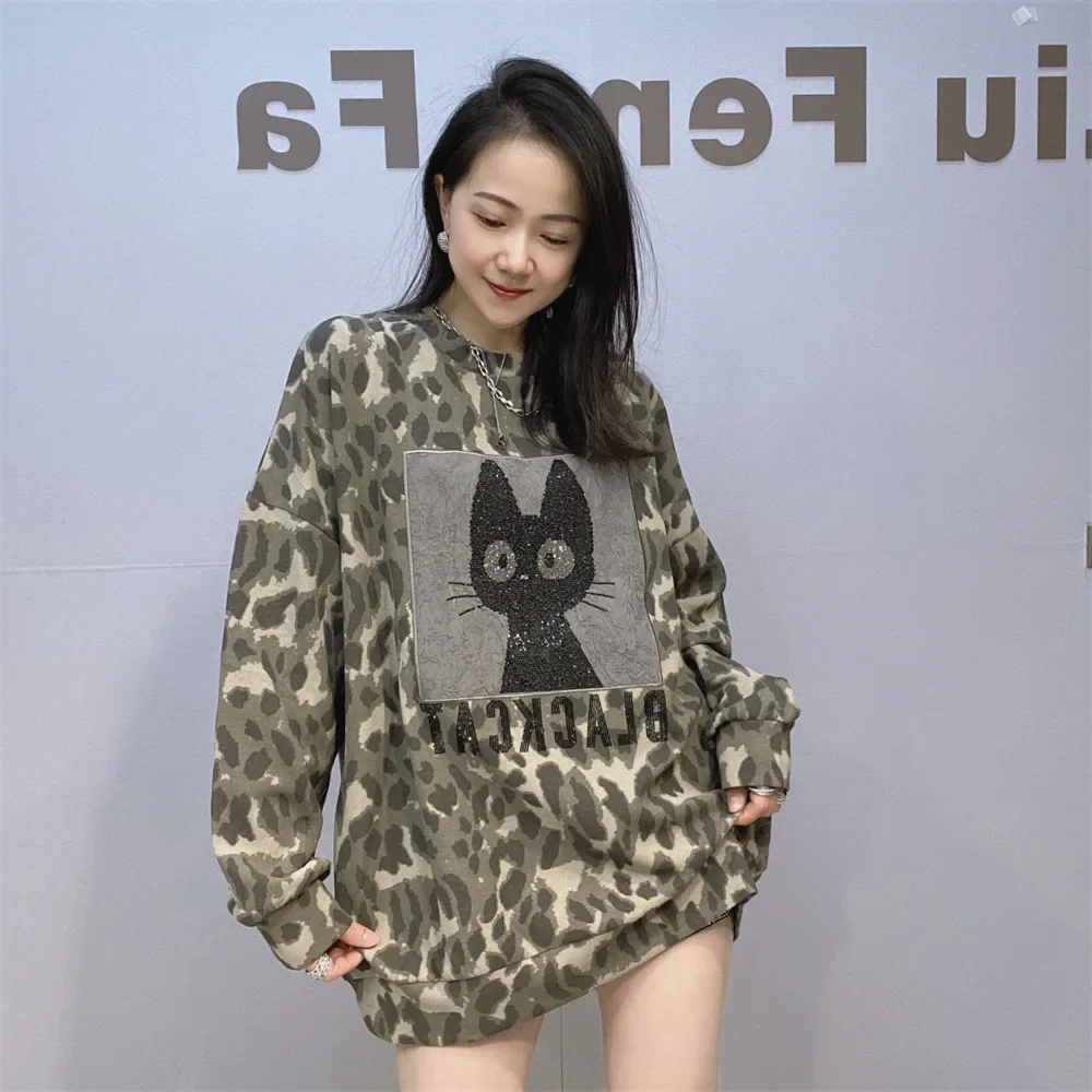 Streetwear Loose Long Sleeve T-shirt 2025 New Spring Autumn Leopard Hoodie Oversize Pullover Top Hot Drilling Mid-long T Shirts