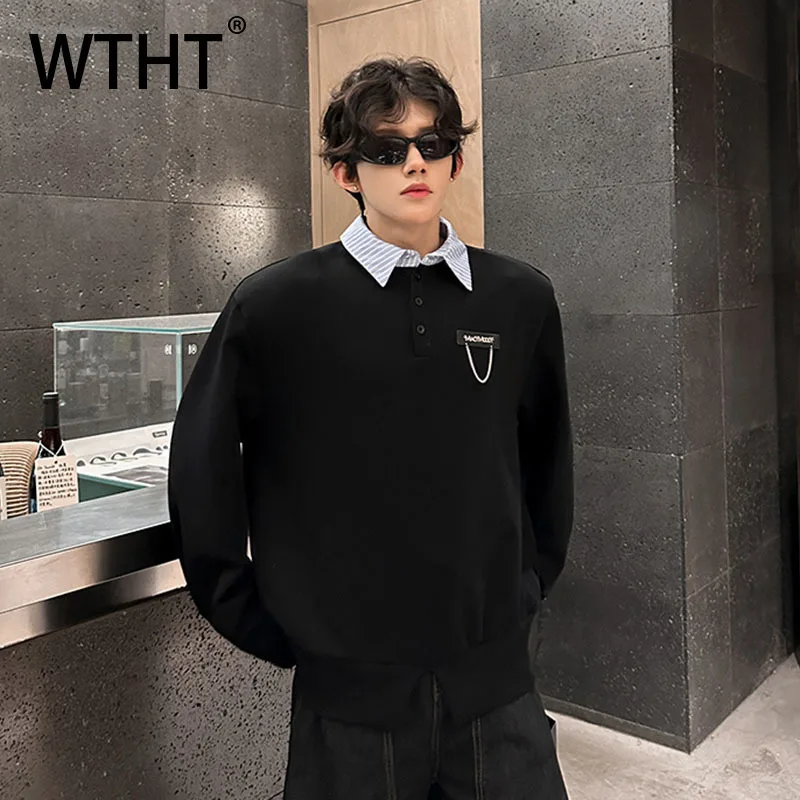 WTHT Fashion Men's Spliced Fake Two-pieve Striped T-shirts Trendy Contrast Color Lapel Loose Tops Male 2025 Autumn 2A2214