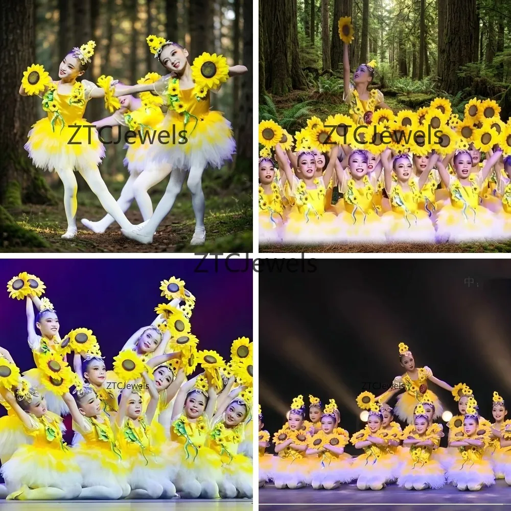 

Sunflower Cosplay Costume for Girls Yellow Dance Dress Childrens Performance Outfit National Opening Blossom Dress