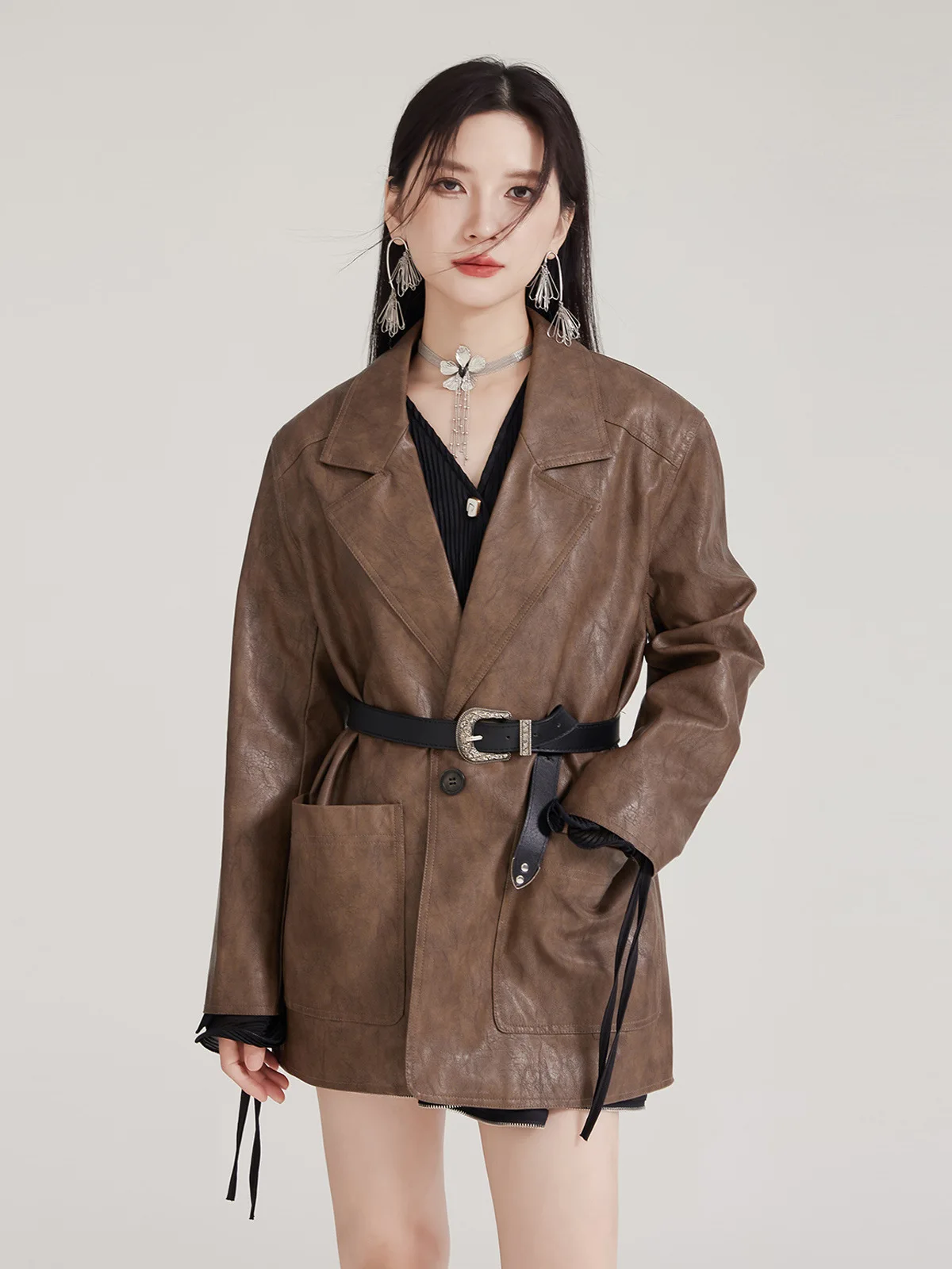 Jaqueta Feminina Nova Coleção Primavera 2026: Casaco Solto de Couro PU Estilo Retrô Americano Casual