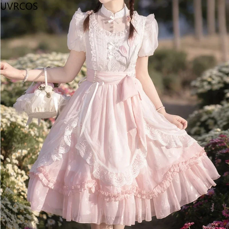 

Pink Kawaii Lolita Dress Women Sweet Tulip Flower Embroidery Puff Short Sleeve Princess Dress Harajuku Chinese Style Hanfu Dress