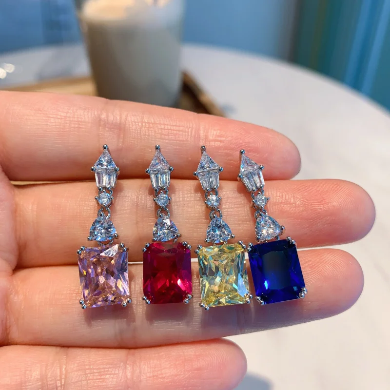 

New European and American style retro pink, yellow, blue, and gold four-color square fashion earrings for women