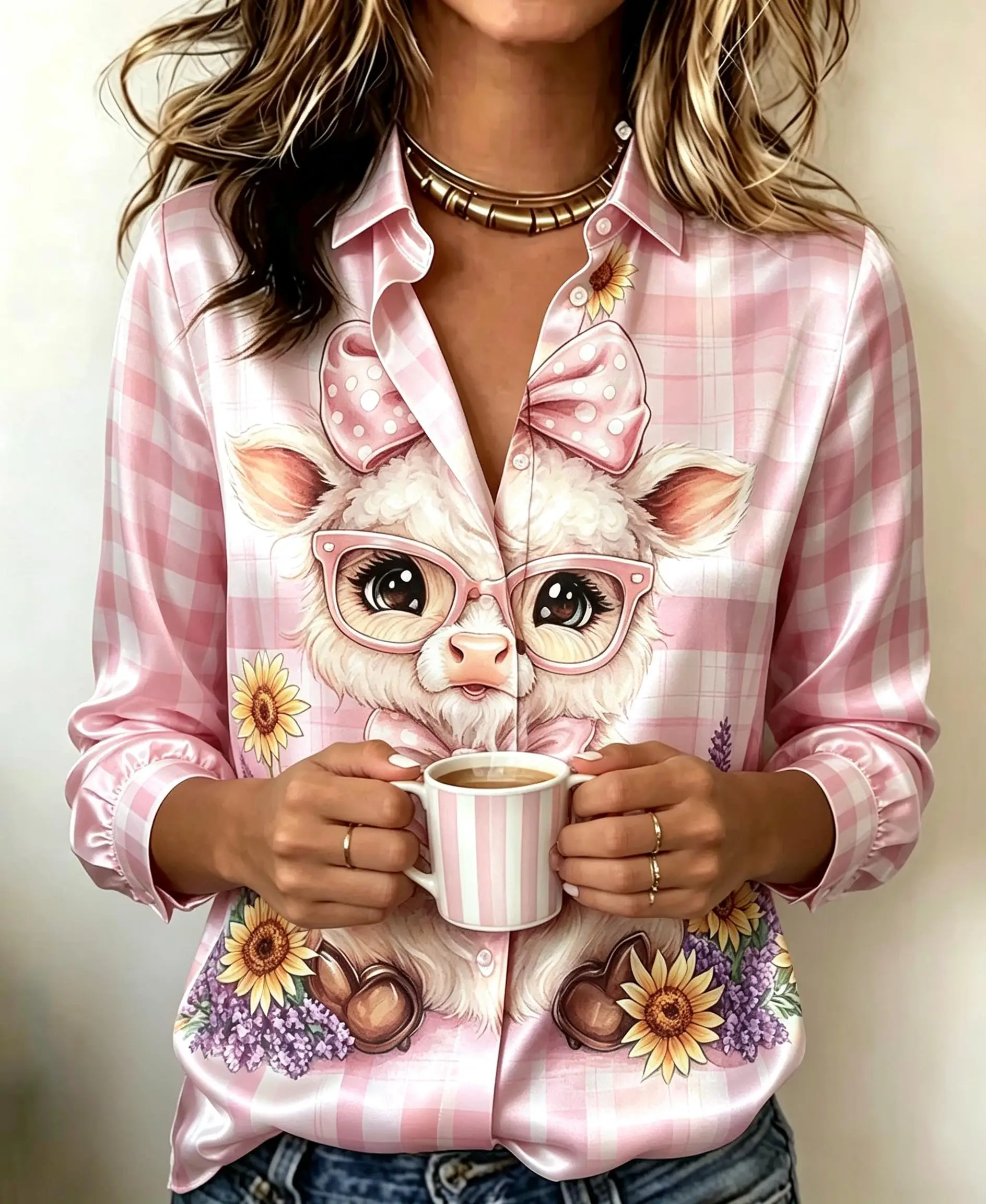 Women Cute Cartoon Animal Graphic Plaid Print Long Sleeve Button Down Shirt Turn‑down Collar Casual Fashion Blouse