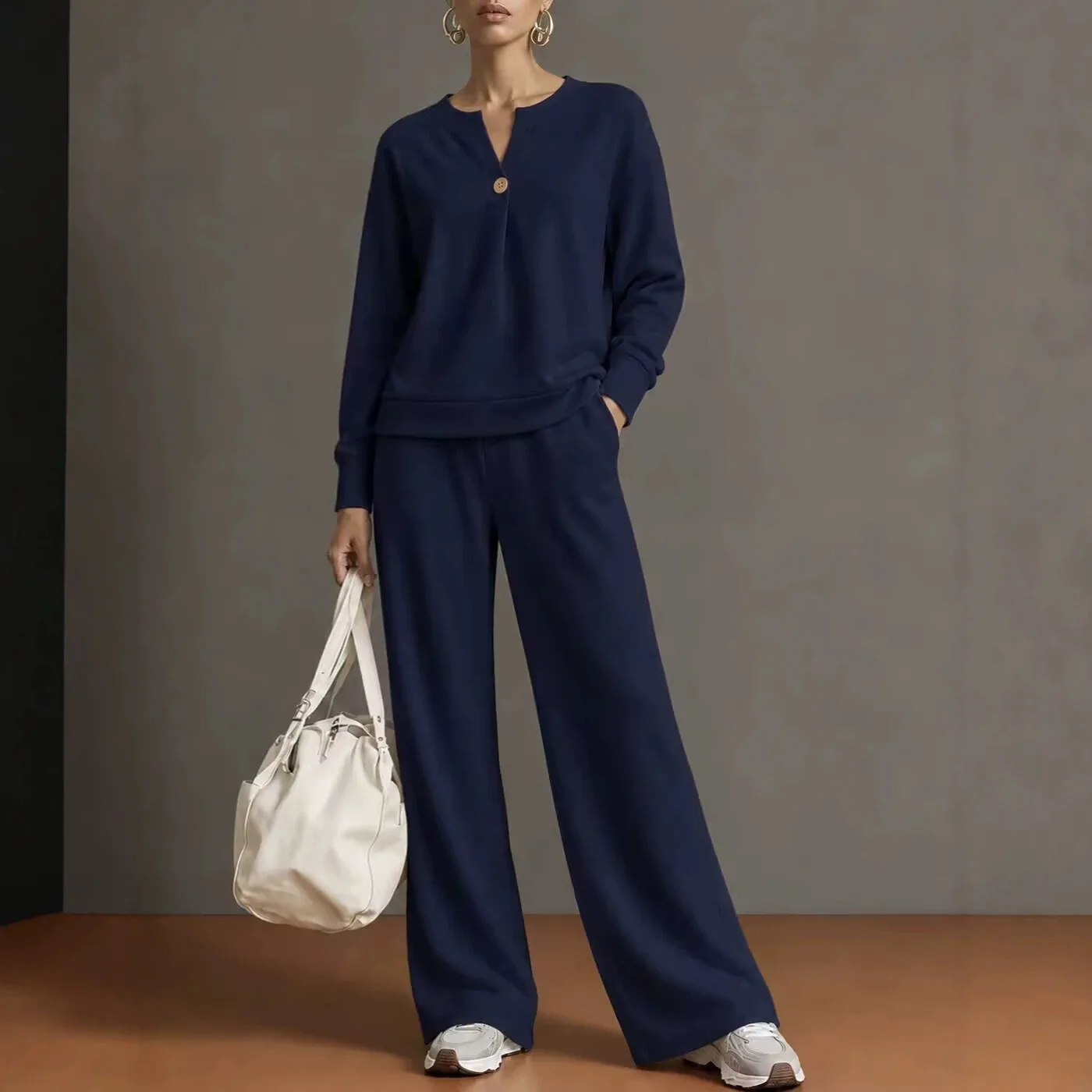 Women's V Neck Button Long Sleeve Top And Wide Leg Long Pants Two Piece Set Casual Commuter Elegant Comfortable Loose Fit Outfit