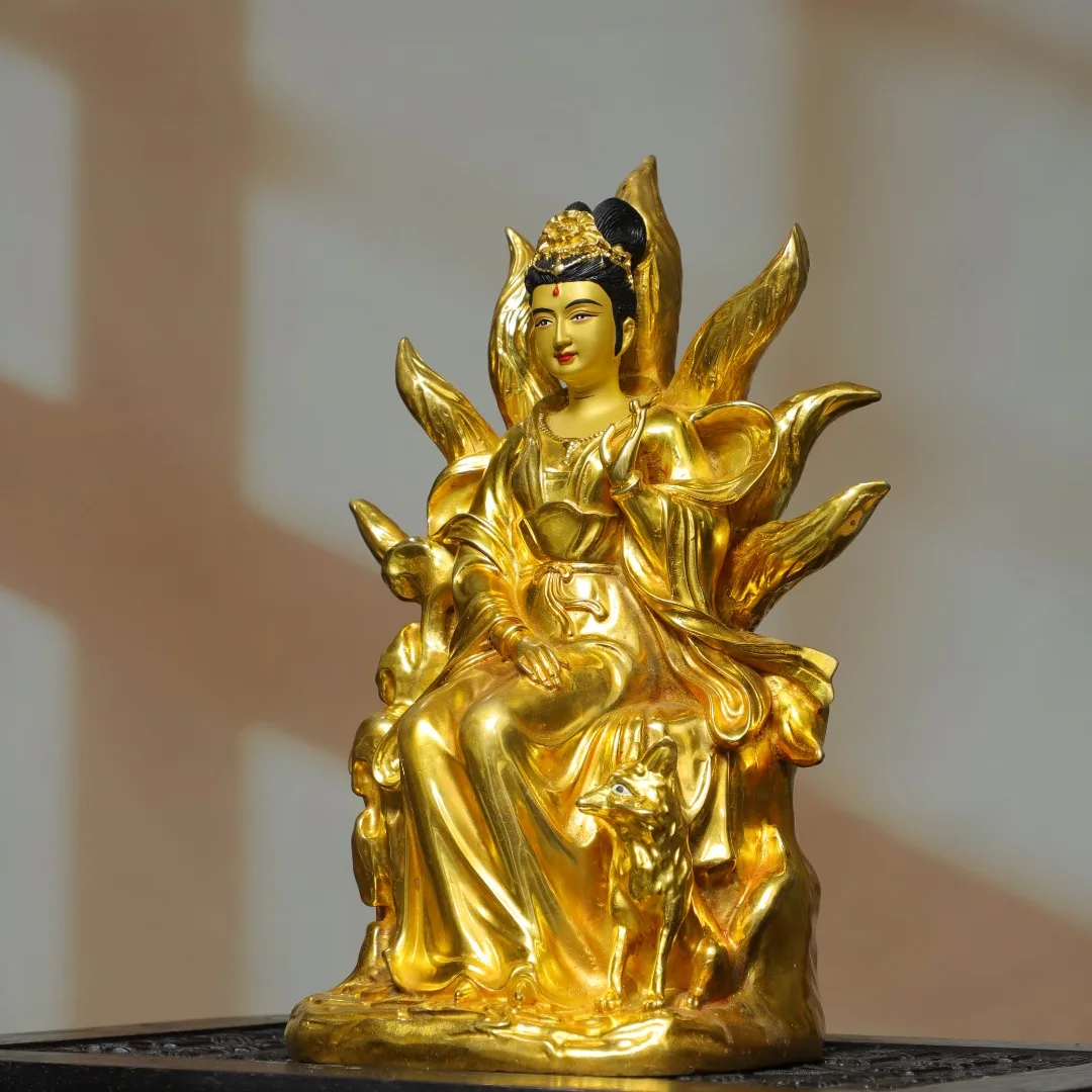 12 Folk Old Bronze Gilded Painted Face Nine Tailed Fox Fairy Sitting Buddha Fox backlight Worship Hall