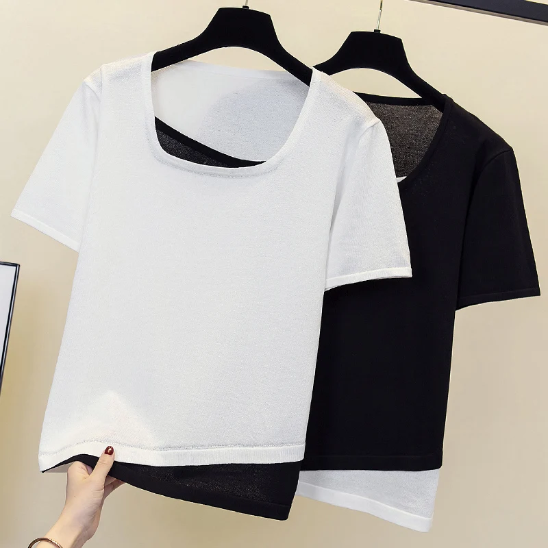 

4XL size women Summer thin kintting T-shirt top 2022 short sleeve Patchwork fake two loose Oversized sweater pullover